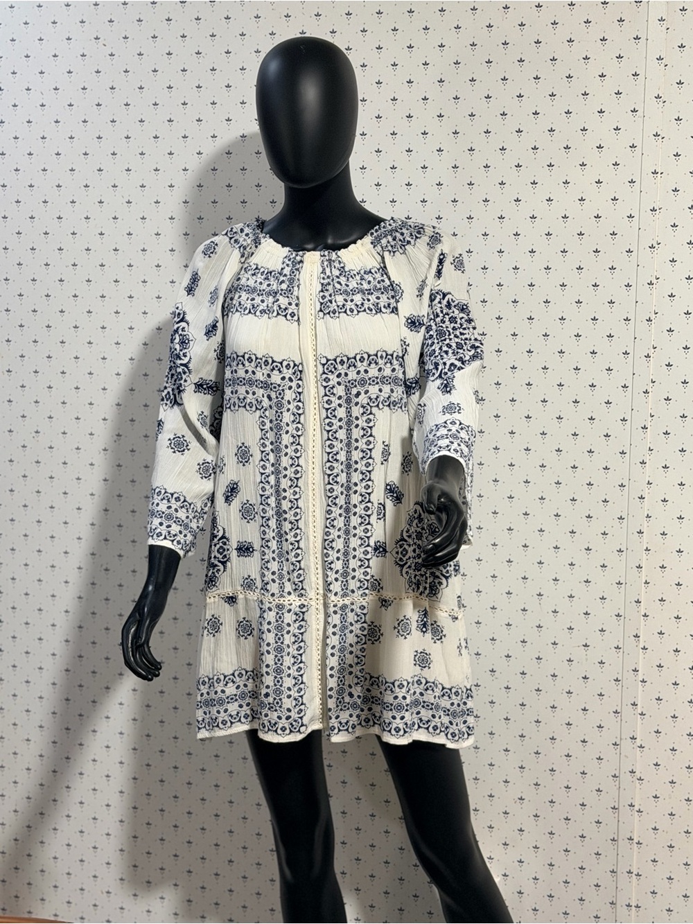 Zara Trafaluc Boho Peasant Mini Dress White Blue Geometric Mosaic Print Small